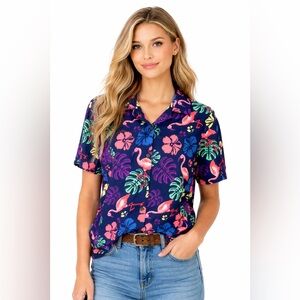 Alvish Tropical Flamingo Hawaiian Shirt Blue Pink Floral Button Front Top